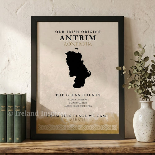 Framed map of Antrim, Northern Ireland on a wooden shelf with books and a plant.