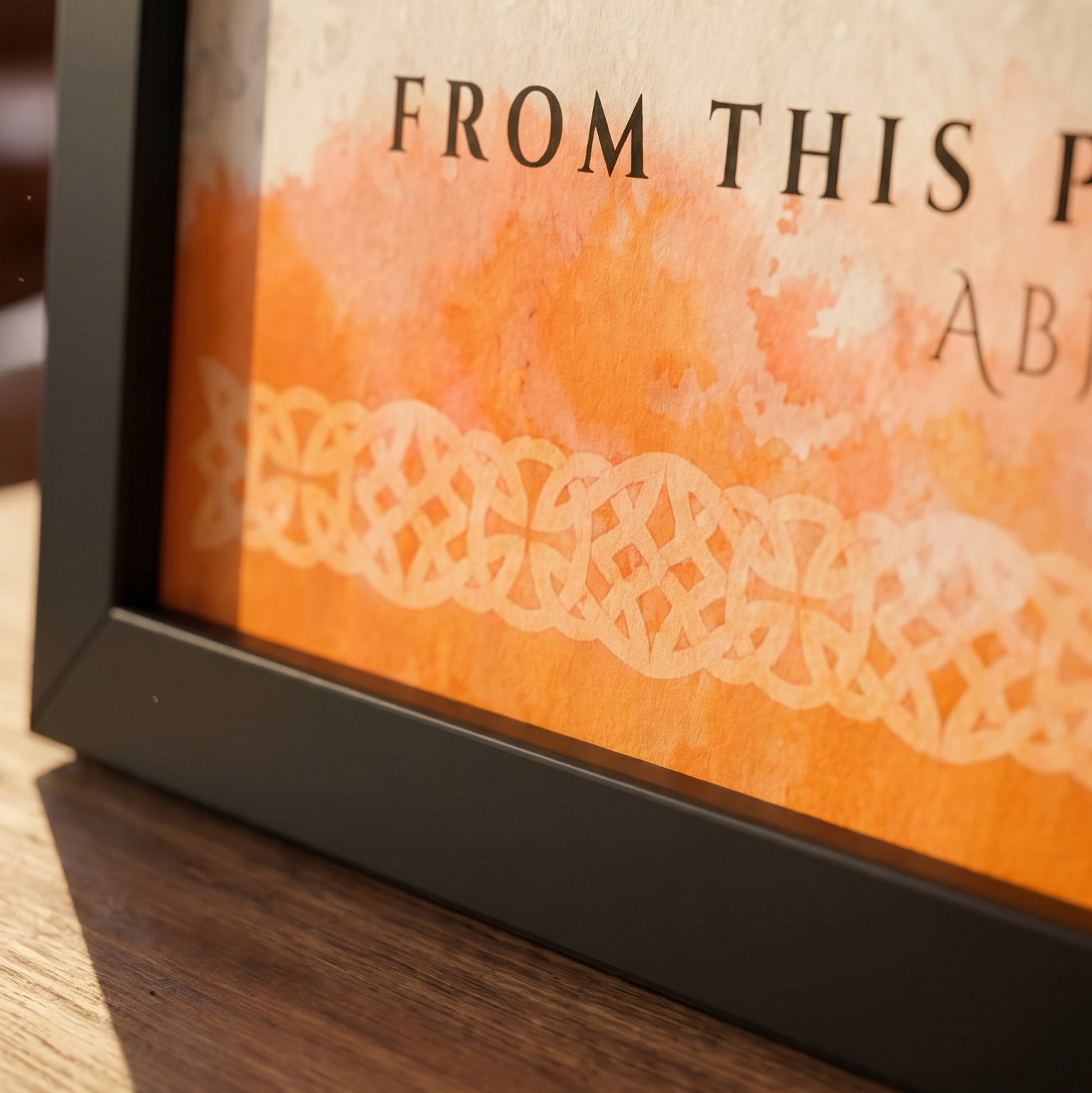 Framed artwork with text and lace design on an orange background
