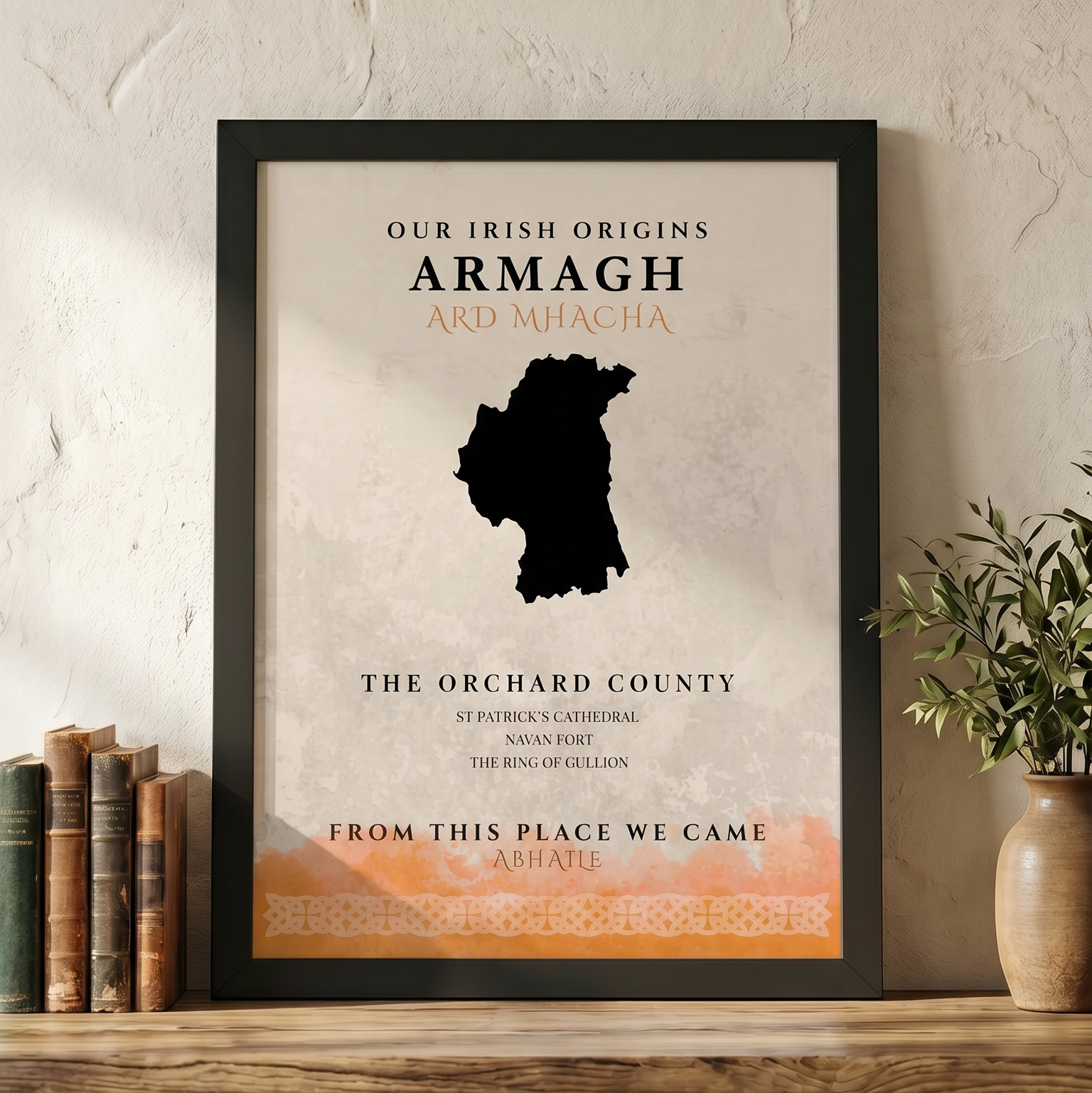 Framed poster about Armagh, Ireland, on a shelf with books and a plant.