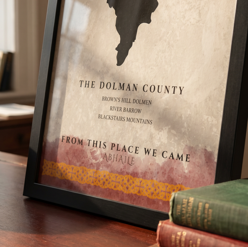 Framed print with text and a map of The Dolman County on a wooden surface.