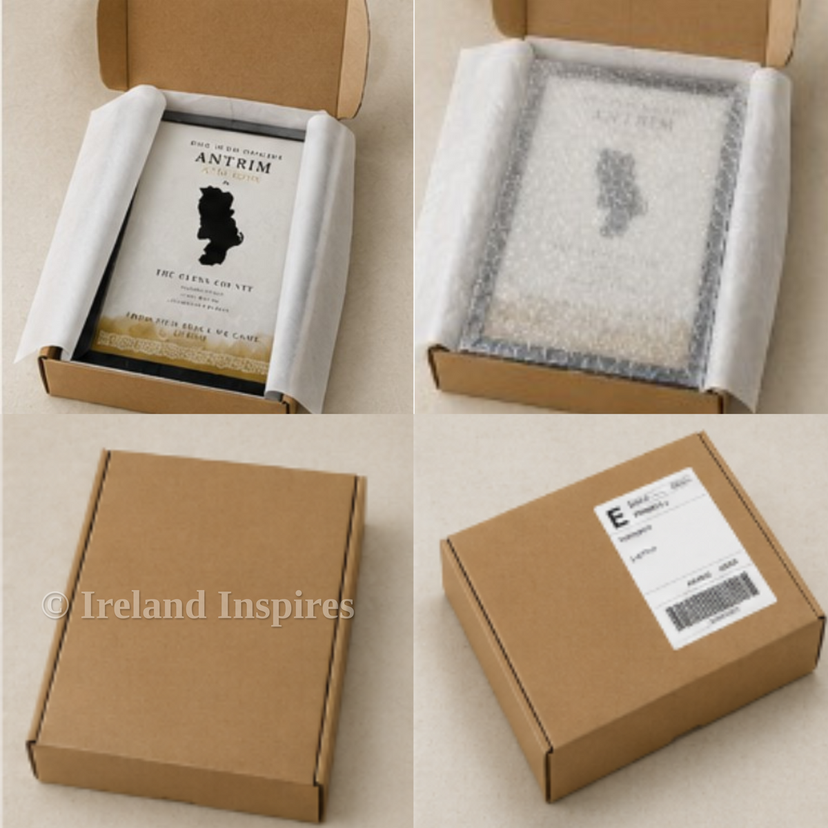 A four-panel collage showing a brown cardboard shipping box and its contents: an open box with white tissue paper holding a printed item, a close-up of bubble-wrapped packaging, a closed plain cardboard box, and a boxed package with a shipping label.