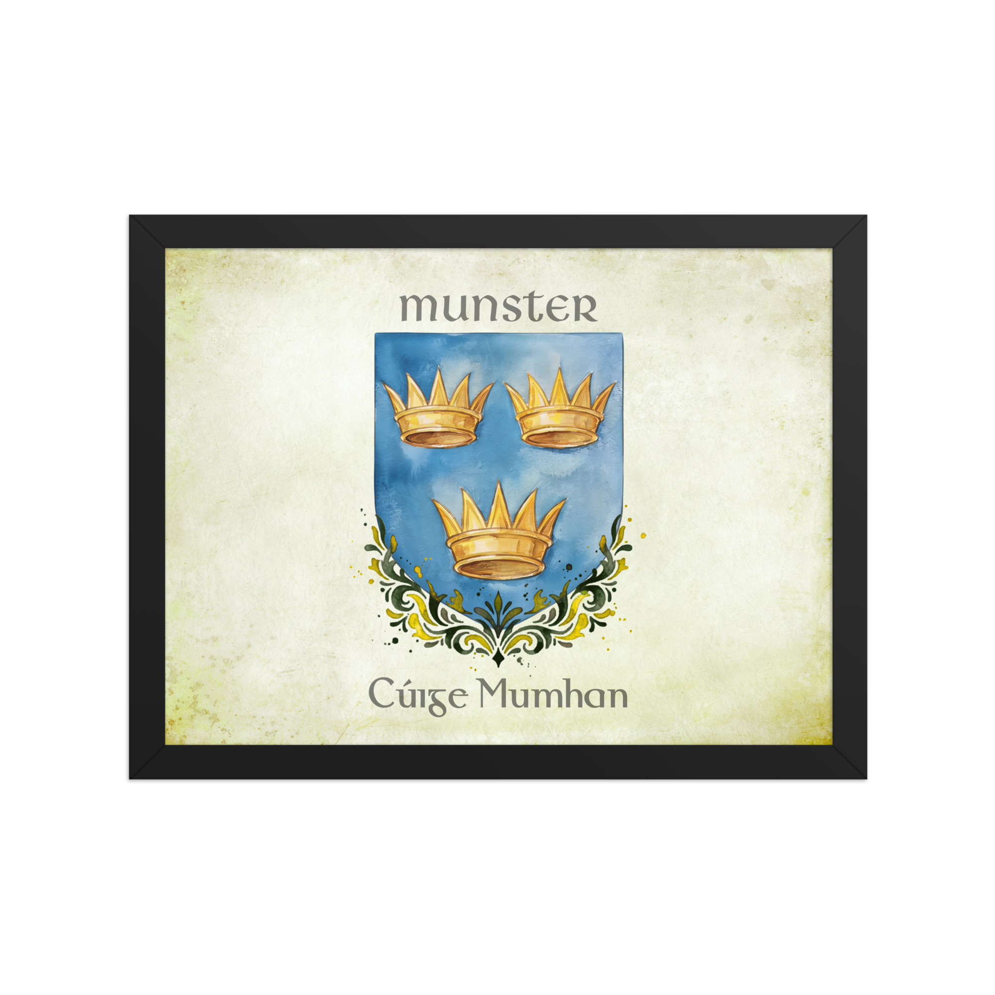 A framed art print featuring the Munster coat of arms, with three gold crowns on a blue shield, set against a textured beige background with the text 'munster' and 'Cÿege Mumhan', enclosed in a black frame.