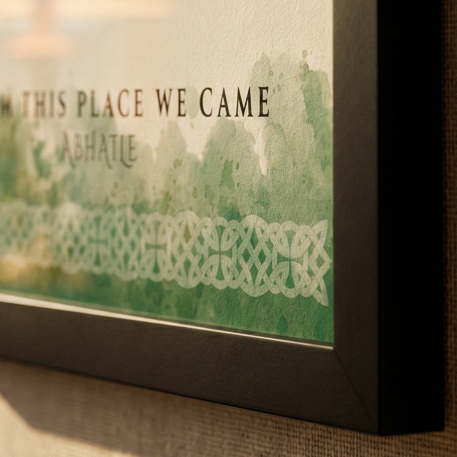 Framed artwork with text and decorative elements on a textured surface